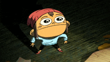 a cartoon of a girl wearing a red hat and a blue sweater
