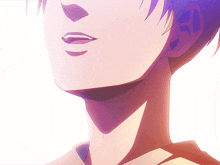 a close up of a person 's neck and face with purple hair