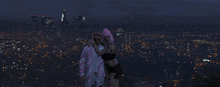 a man and a woman are posing for a picture in front of a city skyline at night