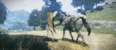 a person is standing next to a horse with a bag on its back .