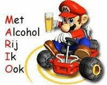 a cartoon of mario driving a go kart with a glass of beer .