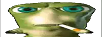 a frog with blue eyes smoking a cigarette