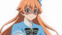 a girl with long orange hair is wearing a blue hat and a bow tie