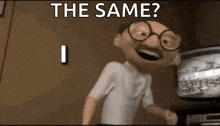 a cartoon character with glasses and a mustache is standing in front of a television and asking the same .