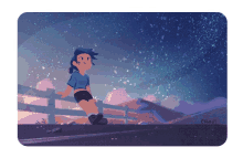 a cartoon drawing of a girl sitting on a fence looking at the sky