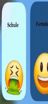 a smiley face with green liquid coming out of its mouth is next to a smiley face with a smile on it