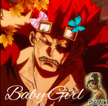 a picture of a man with a butterfly on his head and the words baby girl