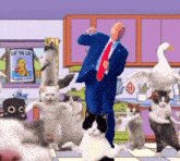 a man in a suit and tie is surrounded by cats and ducks in a kitchen