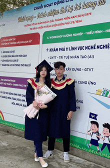 a man and a woman standing in front of a sign that says chuoi hoat dong ch