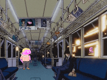 a man in a suit sits on a bus with a sign above him that says emma