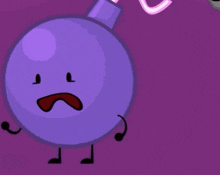 a purple cartoon bomb with a spoon sticking out of it 's mouth is screaming .