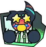 a cartoon character with stars in his eyes is sitting on a green surface .