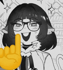 a black and white drawing of a girl wearing glasses and making a rock sign