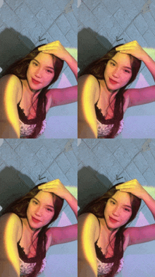 a collage of four pictures of a woman with a yellow hand on her head