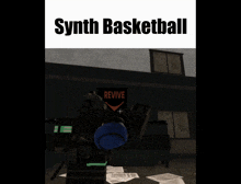 a poster for synth basketball shows a person holding a blue ball