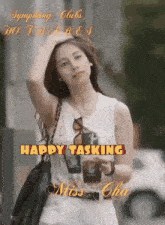 a picture of a woman with the words symphony clubs hot babes happy tasking miss cha