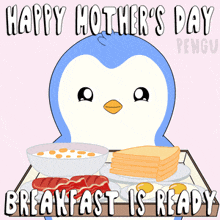 a penguin is holding a tray of food that says happy mother 's day