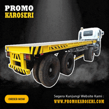 a yellow and black truck that says promo karoseri on the side