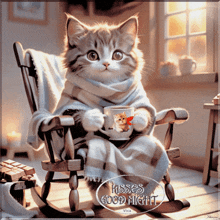 a cat wrapped in a blanket is sitting in a rocking chair holding a cup