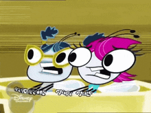 two cartoon characters wearing glasses are sitting next to each other on a table .