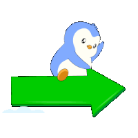 a blue and white penguin is sitting on a green arrow pointing right