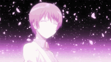 a girl with pink hair is standing in front of a purple sky with cherry blossoms falling from the sky .