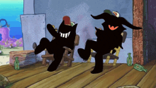 two black cartoon characters are dancing in a room with bottles on the floor