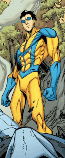a comic book character in a yellow and blue superhero suit