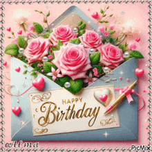 a birthday card with a blue envelope filled with pink roses
