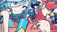 a couple of anime characters standing next to each other on a red background .