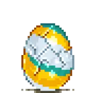 a pixel art of a yellow and blue egg with a pink face on it