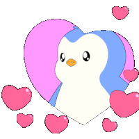 a penguin is surrounded by pink hearts and a heart shaped background