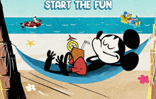 a cartoon of mickey mouse laying in a hammock on the beach with the words start the fun above him