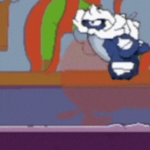 a cartoon character is flying through the air in a purple and orange background .