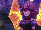 a girl with purple hair and horns is standing in front of a lantern