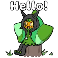 a cartoon character is sitting on a tree stump with the words hello written above her