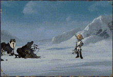 a cartoon of a person standing in the snow with a dog