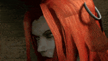 a close up of a woman with red hair and a hook in her hair