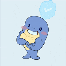 a cartoon drawing of a dolphin with the letter l in a speech bubble above it