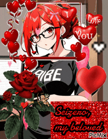 a picture of a girl with red hair surrounded by red hearts and a sign that says i love you