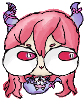 a cartoon drawing of a girl with pink hair and purple horns