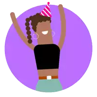 an illustration of a woman wearing a party hat with her arms in the air
