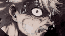 a close up of a person 's face with the word kira de shya written above it