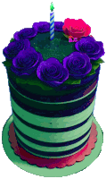 a birthday cake with purple roses and a candle with the letters ac on it