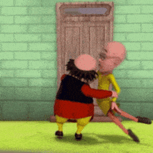 two cartoon characters are hugging each other in front of a wooden door