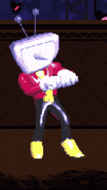 a pixel art drawing of a person with a white head and yellow boots