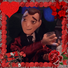a picture of a man in a suit and tie holding a glass of wine in a frame with roses and a heart