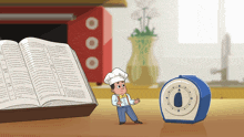 a cartoon of a man in a chef 's hat standing next to a timer that has the number 0 on it