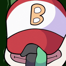 a cartoon character wearing a red white and purple hat with the letter b on it