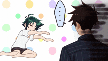 a cartoon drawing of a boy with green hair and a speech bubble above his head